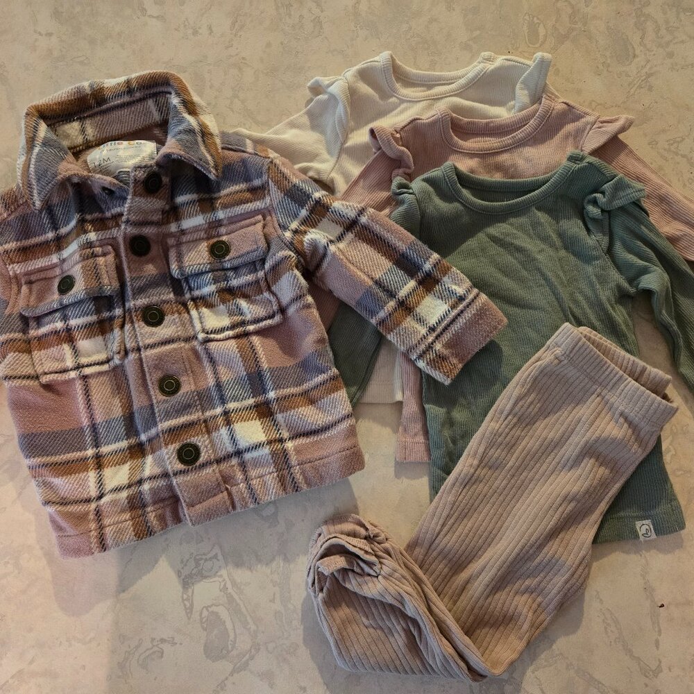 Organic 12m Fall Clothing Bundle: Plaid Shacket, 3 shirts, pair of pants